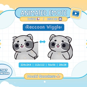 May include: Animated Twitch and Discord emote featuring a cartoon raccoon with a light grey body, black eyes, and a black nose. The raccoon is smiling and has a light grey tail. The emote is titled "Raccoon Wiggle" and is available in four sizes: 224x244, 112x112, 56x56, and 28x28. The emote is available for instant download from Mochi Quackers.