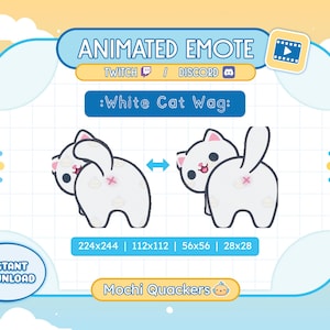 Puede incluir: Emoticono animado de Twitch y Discord de un gato blanco moviendo la cola. El emoticono está disponible en cuatro tamaños: 224x244, 112x112, 56x56 y 28x28. El emoticono se llama "White Cat Wag" y es del creador "Mochi Quackers".