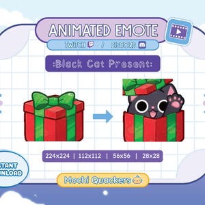 May include: Animated Twitch and Discord emote featuring a black cat peeking out of a red and green gift box with a green bow. The emote is available in four sizes: 224x224, 112x112, 56x56, and 28x28.