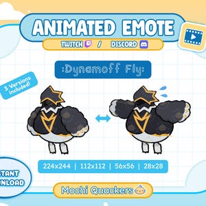 Puede incluir: Un conjunto de emoticonos animados titulado Dynamoff Fly que muestra un personaje de pájaro en blanco y negro con detalles amarillos. El gráfico incluye etiquetas para Twitch y Discord, 3 versiones incluidas y dimensiones 224x244, 112x112, 56x56, 28x28.