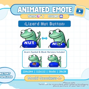 以下が含まれることがあります： 緑色のトカゲのキャラクターが「NUT」という文字が入った青いボタンを持っているアニメーション絵文字グラフィック。ドングリのシンボルと空白のバージョンが含まれています。「Animated Emote」、「Instant Download」、「Mochi Quackers」と書かれています。