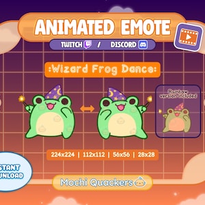 May include: Animated emote graphic of a green frog in a wizard hat, holding a wand. Text includes "Animated Emote" and "Wizard Frog Dance." A rainbow version is included. Instant download.