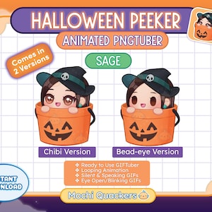 May include: Animated Halloween PNGtuber character with a witch hat and a pumpkin bucket. The character is available in two versions: chibi and bead-eye. The text "Halloween Peeker" and "Sage" are visible in the image.