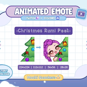 Może przedstawiać: Animowana grafika emotikonu z tekstem "ANIMATED EMOTE" i "TWITCH / DISCORD". Grafika przedstawia choinkę z postacią wyglądającą zza niej. Obecny jest również tekst ":Christmas Rumi Peek:"