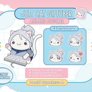 May include: Animated GIFtuber of a white cat with gray hair wearing a blue and white kimono, typing on a keyboard. The cat has four different expressions: happy, surprised, sad, and angry. The image includes the text "JETT CAT GIFTUBER", "ANIMATED PNGTUBER", "4 Expressions", "Ready to Use GIFtuber", "Looping Animation", "Silent & Speaking GIFs", and "Mochi Quackers".