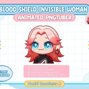 May include: Animated PNGTuber graphic of a character with pink hair, blue eyes, and a black and red outfit. The text "BLOOD SHIELD INVISIBLE WOMAN" and "ANIMATED PNGTUBER" are displayed at the top. Additional text includes "Ready to Use" and "Instant Download."