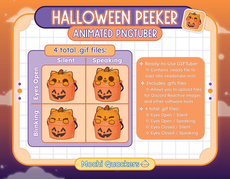 The adorable cat pumpkin avatar contains 4 gif files for blinking and speaking animations.
Ready to use via veado tube mini, or upload the files into Discord Reactive Images!
This is a great alternative if you cannot commit to a Vtuber model!