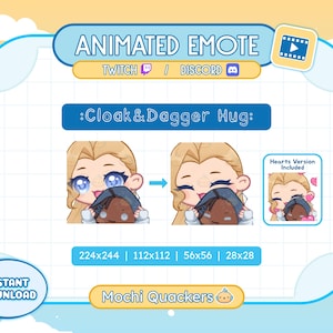 May include: Animated emote featuring a blonde woman with blue eyes hugging a brown-skinned person. The emote is titled "Cloak & Dagger Hug" and is available in four sizes: 224x244, 112x112, 56x56, and 28x28. The text "Hearts Version Included" is also visible in the image.