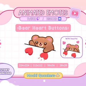 Emote ANIMATA di San Valentino / Emote Bongo con pulsanti a forma di cuore dell&#39;orsacchiotto per streaming Twitch e Discord, 4 dimensioni gif / Avviso orso bruno kawaii di San Valentino