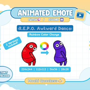 May include: Animated emote graphic for Twitch and Discord, featuring a red and purple character in an awkward dance pose. The text reads "R.E.P.O. Awkward Dance: Rainbow Color Change." Includes multiple size options: 224x244, 112x112, 56x56, and 28x28.