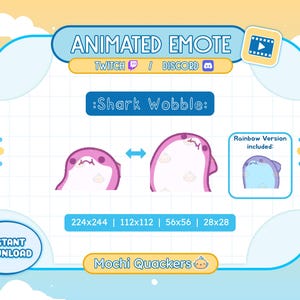 以下が含まれることがあります： 「:Shark Wobble:」のテキストが入った、ピンクと白のサメのアニメーション絵文字グラフィック。レインボーバージョンとサイズも含まれています。「INSTANT DOWNLOAD」と「Mochi Quackers」のテキストも表示されています。