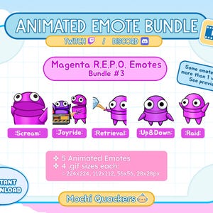 ANIMATED Emotes Bundle | R.E.P.O. Magenta Pink REPO Scream, Cart Ride, Retrieve Grab, Up Down, Raid Run | Bright Color Twitch Discord Emoji