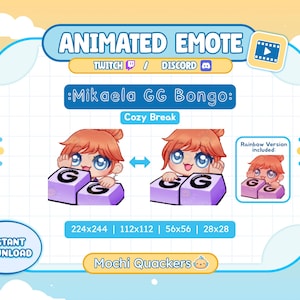 Może przedstawiać: Animowana grafika emotikonów dla Twitch i Discord z postacią z kreskówek z pomarańczowymi włosami i niebieskimi oczami. Postać trzyma dwa fioletowe bloki z literą "G". Tekst zawiera "Mikaela GG Bongo" i "Cozy Break".