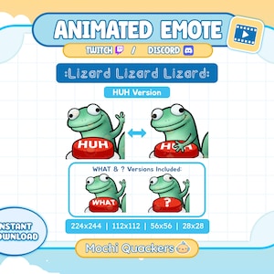 May include: Animated emote graphic featuring a green lizard with large eyes. The lizard is shown with the word "HUH" on a red button, and also with "WHAT" and a question mark. The graphic includes the text "Animated Emote" and "Instant Download".