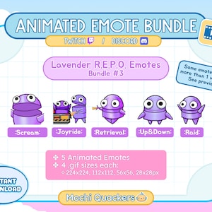 ANIMATED R.E.P.O Emotes Bundle | Lavender REPO Scream, Cart Joyride, Retrieve, Pop Up & Down, Raid | Pastel Purple Twitch Discord Emoji Pack