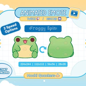 Könnte beinhalten: Animiertes Twitch- und Discord-Emote mit einem grünen Frosch mit einem glücklichen Ausdruck. Der Frosch dreht sich im Kreis. Das Emote ist in vier verschiedenen Größen verfügbar: 224x244, 112x112, 56x56 und 28x28. Der Text "Froggy Spin" wird über dem Frosch angezeigt. Der Text "Mochi Quackers" wird unter dem Frosch angezeigt.