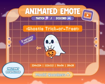 May include: Animated emote featuring a white ghost holding a jack-o'-lantern, labeled ':Ghostle Trick-or-Treat'. Includes the text '2 versions included!' and 'Instant Download'. Designed for Twitch and Discord. The image is in a Halloween theme.