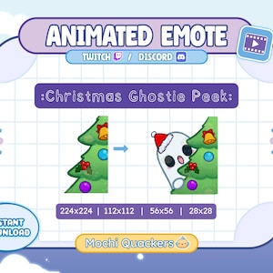 May include: Animated emote graphic for Twitch and Discord featuring a Christmas Ghostie Peek design. The design shows a cartoon ghost wearing a Santa hat peeking from behind a decorated Christmas tree. Includes text that says "Animated Emote" and "Instant Download".