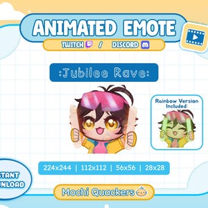 May include: An animated emote titled Jubilee Rave featuring a cartoon character with brown hair, pink goggles, and a yellow jacket holding light sticks. The graphic includes a rainbow version, text labels for Twitch and Discord, and size options.