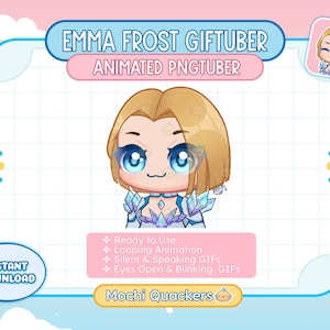 Peut inclure: Avatar PNGtuber animé d'Emma Frost, un personnage de dessin animé aux cheveux blonds, aux yeux bleus et à une tenue bleu clair et blanche. Le texte "EMMA FROST GIFTUBER ANIMATED PNGTUBER" est en haut de l'image. Le texte "INSTANT DOWNLOAD" est en bas à gauche de l'image. Le texte "Ready to Use, Looping Animation, Silent & Speaking GIFs, Eyes Open & Blinking GIFs" est au milieu de l'image. Le texte "Mochi Quackers" est en bas de l'image.