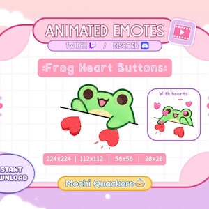 May include: Animated Twitch and Discord emotes featuring a green frog holding hearts. The emotes are available in four sizes: 224x224, 112x112, 56x56, and 28x28. The emotes are called "Mochi Quackers".