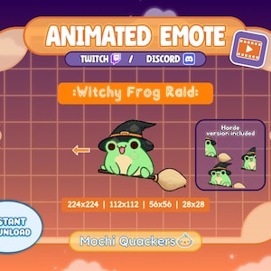 Puede incluir: Gráfico de emote animado con una rana verde con sombrero de bruja montada en una escoba, con el texto ":Witchy Frog Raid:". Incluye diferentes tamaños para Twitch y Discord. También se ve la frase "Instant Download".