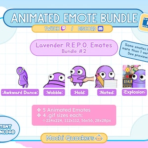 ANIMOWANE emotikony R.E.P.O. | Lavender REPO Twerk, Wobble, Hold, Take Notes, Cart Explode | Twitch i Discord | Pastel Purple REPO Bundle Meme