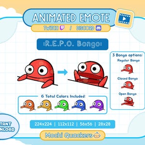 May include: Animated Twitch and Discord emote featuring a red crab playing a bongo. The emote comes in six different colours and three different bongo styles: regular, closed, and open. The emote is available in four sizes: 224x224, 112x112, 56x56, and 28x28. The text "R.E.P.O. Bongo" is displayed above the crab.