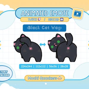 May include: Animated Twitch and Discord emote of a black cat with green eyes wagging its tail. The cat is facing to the right and has a pink X on its back. The emote is available in four sizes: 224x244, 112x112, 56x56, and 28x28.