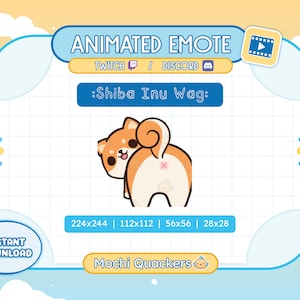 Peut inclure: Émoticône animée d'un chien Shiba Inu remuant la queue. Le chien est brun et blanc avec un nez rose et une langue rose qui sort. L'émoticône est disponible en quatre tailles différentes : 224x244, 112x112, 56x56 et 28x28. L'émoticône est de Mochi Quackers.