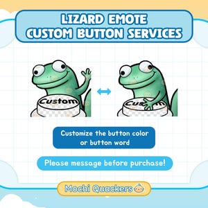 Op de afbeelding: Digitale afbeelding met twee groene hagedis cartoonfiguren. De tekst luidt "LIZARD EMOTE CUSTOM BUTTON SERVICES". De hagedissen houden aangepaste knoppen vast. Tekst vraagt om aanpassing van kleur en woord.