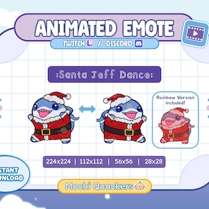 Könnte beinhalten: Animierter Emote mit einem blauen Delfin-Charakter als Weihnachtsmann, mit rotem Anzug und Hut. Das Bild enthält den Text "Animated Emote" und ":Santa Jeff Dance:" mit verschiedenen Größenoptionen und einer Regenbogenversion.
