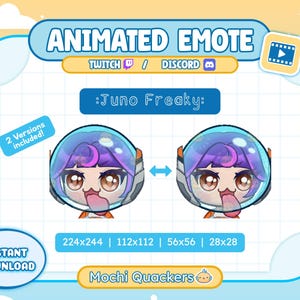 May include: Animated emote graphic with the text "ANIMATED EMOTE" and ":Juno Freaky:" featuring a cartoon character with purple hair and a space helmet. Includes the text "INSTANT DOWNLOAD" and size dimensions.