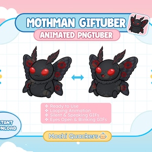 May include: A digital graphic of a Mothman character, designed as an animated PNGTuber. The black creature has red eyes and patterned wings. Text includes "MOTHMAN GIFTUBER" and "ANIMATED PNGTUBER", with features like looping animation and blinking GIFs.