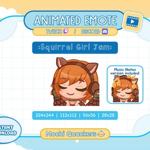 Könnte beinhalten: Animiertes Twitch- und Discord-Emote mit einem Cartoon-Eichhörnchenmädchen mit orangefarbenem Haar, das ein braunes Stirnband und eine braune Jacke trägt. Der Text ':Squirrel Girl Jam:' wird über dem Bild angezeigt. Der Text 'Music Notes version included:' wird über einer kleineren Version des Bildes angezeigt. Der Text '224x244 | 112x112 | 56x56 | 28x28' wird unter den Bildern angezeigt. Der Text 'Mochi Quackers' wird unter den Größeninformationen angezeigt.