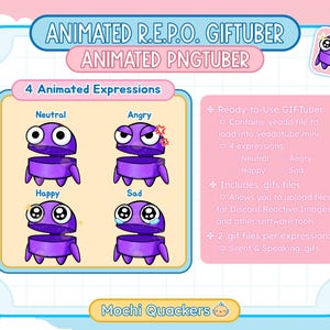 This REPO model is a Ready to Use GIFTuber. The product contains a ready-to-use veado file for veado tube mini PNGTuber. It also contains gif files for silent and speaking for easy upload to discord reactive images and other voice reactive software tools! This cute kawaii repo model is a perfect avatar that is an affordable alternative to a vtuber model and will let you express your inner feelings when playing R.E.P.O. and recording content!