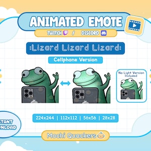 May include: Animated emote featuring a green lizard holding a smartphone, with the text ":Lizard Lizard Lizard:" and "Cellphone Version". Includes sizes 224x244, 112x112, 56x56, and 28x28. The image also includes the text "Instant Download".