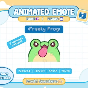 Könnte beinhalten: Ein digitales Grafikdesign mit einem grünen Frosch mit rosa Zunge, betitelt ":Freaky Frog:". Das Bild ist ein animiertes Emote für Twitch und Discord, mit Größenoptionen von 28x28 bis 224x244 Pixel. Der Text "Sofort-Download" ist ebenfalls enthalten.