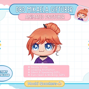 May include: Digital download graphic featuring a cartoon character with red hair in a bun, blue eyes, and a purple hoodie. The text reads "DBD MIKAELA GIFTUBER ANIMATED PNGTUBER" and "INSTANT DOWNLOAD". Additional text highlights features like looping animation and silent/speaking GIFs.