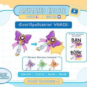 May include: Animated Twitch and Discord emote featuring a pink and purple wand with a butterfly and a bow. The emote has two text versions: "BAN" and "BONK". The emote is available in four sizes: 224x224, 112x112, 56x56, and 28x28.