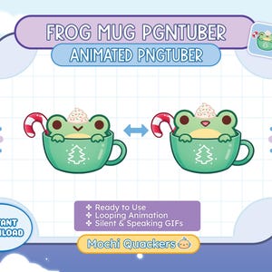Könnte beinhalten: Animierter PNGtuber eines grünen Frosches, der einen Weihnachtsmann-Hut trägt und einen Zuckerstock hält, der aus einer grünen Tasse mit einem Weihnachtsbaum-Design schaut. Die Tasse ist mit einer weißen Schlagsahne gefüllt. Der Text "FROG MUG PNGTUBER" und "ANIMATED PNGTUBER" befindet sich oben im Bild. Der Text "INSTANT DOWNLOAD" befindet sich unten links. Der Text "Ready to Use", "Looping Animation", "Silent & Speaking GIFs" und "Mochi Quackers" befindet sich unten rechts.