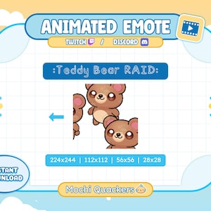 Puede incluir: Gráfico de emote animado con osos de peluche marrones con orejas rosas. Se muestra el texto "Teddy Bear RAID", junto con opciones de tamaño. El gráfico está diseñado para las plataformas Twitch y Discord. También se muestran las palabras "Descarga instantánea".