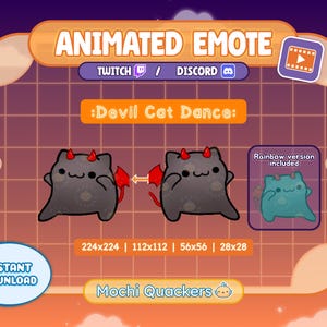May include: Animated emote graphic featuring a dark gray cat with devil horns and a tail, labeled "Devil Cat Dance." Includes a rainbow version. The image also displays Twitch and Discord logos, along with size dimensions and the text "Instant Download."