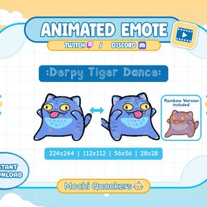 Op de afbeelding: Geanimeerde emote-afbeelding met een blauw kattenpersonage met het label ':Derpy Tiger Dance:'. De afbeelding bevat de tekst 'Twitch' en 'Discord' en toont de emote in verschillende formaten, met een regenboogversie.