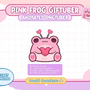 May include: A pink animated PNGTuber featuring a cute frog holding a heart. The image includes the text "PINK FROG GIFTUBER" and "ANIMATED PNGTUBER". Additional text indicates the product is ready to use, with looping animation, blinking eyes, and silent/speaking GIFs. The words "INSTANT DOWNLOAD" and "Mochi Quackers" are also present.