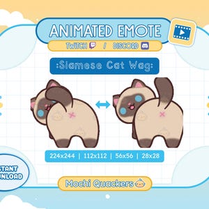 May include: Animated Twitch and Discord emote of a Siamese cat wagging its tail. The cat is light brown with blue eyes and a pink nose. The emote is available in four sizes: 224x244, 112x112, 56x56, and 28x28 pixels.