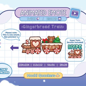 May include: Animated gingerbread train emote for Twitch and Discord. The train is brown with red and white candy cane wheels. It has a heart-shaped window and a teddy bear with a Christmas tree on top. The emote is available in four sizes: 224x224, 112x112, 56x56, and 28x28.