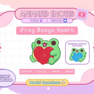 Könnte beinhalten: Animierte Twitch- und Discord-Emojis mit einem grünen Frosch, der ein rotes Herz hält. Die Emojis sind in vier Größen verfügbar: 224x224, 112x112, 56x56 und 28x28. Der Text "Frog Bongo Heart" und "Rainbow Version Included" ist ebenfalls im Bild enthalten.