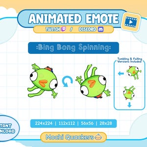 Può includere: Grafica di emote animata per Twitch e Discord, con un personaggio dei cartoni animati verde con grandi occhi e dettagli arancioni. Il testo recita "Bing Bong Spinning". Dimensioni: 224x224, 112x112, 56x56 e 28x28. Sono incluse versioni tumble e falling.