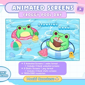 May include: An animated digital graphic with the text "ANIMATED SCREENS FROGGY POOL DAY". The image features cartoon frogs in a pool with a beach ball, watermelon, and pineapple. Text includes "STARTING SOON..." and "INSTANT DOWNLOAD".